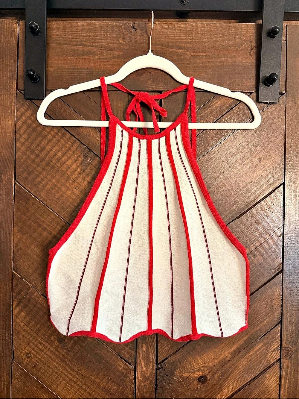Anthropologie Celandine Striped Cropped Halter Tank Top in Red & Cream Size L